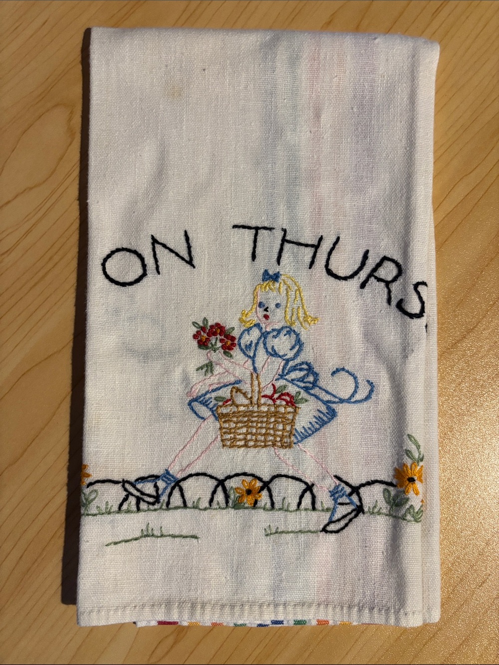 Antique Linen Embroidered KITCHEN TOWEL Thursday Market Girl